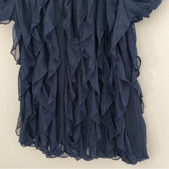 Objects D'Art Womens Sz XL Navy Blue Semi-Sheer Vertical Ruffled Top - Picture 3 of 9
